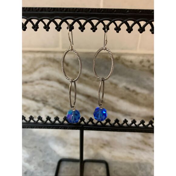 Sterling Silver Drop Earrings with Blue Crystal #Earrings #blue earrings - Picture 1 of 4